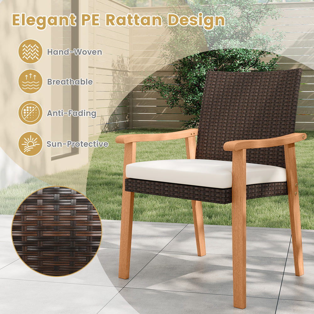 Hand-woven PE rattan outdoor dining chair with acacia wood armrests and removable cushion for patio relaxation.
