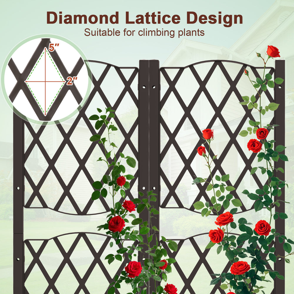 Diamond lattice trellis planter box in brown, designed for climbing plants, featuring a self-watering system for.
