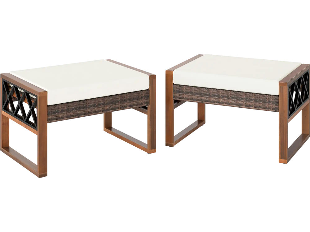 Side view of PE rattan wicker ottoman with beige removable cushion, featuring a sturdy acacia wood frame for outdoor.