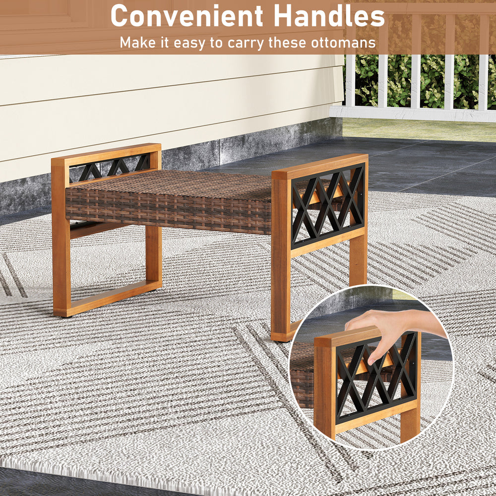 Hand-woven PE rattan ottoman with removable beige cushions and convenient handles, ideal for outdoor patios and gardens.