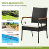 Outdoor PE wicker chair with acacia wood armrests, featuring an ergonomic design, ideal for backyard or poolside use.
