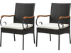 Set of 2 outdoor PE wicker chairs with acacia wood armrests, featuring ergonomic design and elastic cushions for.