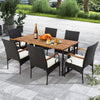Set of 2 outdoor PE wicker chairs with acacia wood armrests, featuring ergonomic design for patio dining comfort.