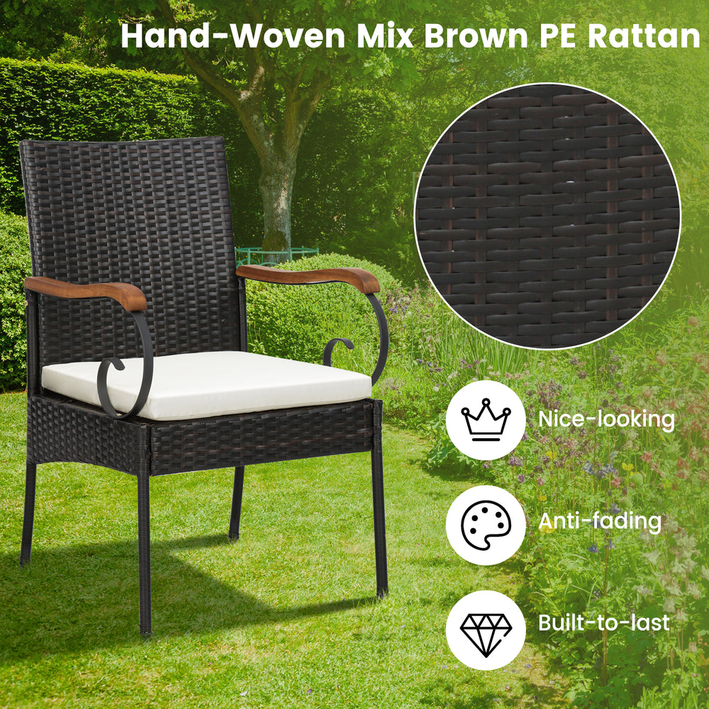 Hand-woven mix brown PE rattan outdoor chair with acacia wood armrests, ideal for patio or backyard relaxation.