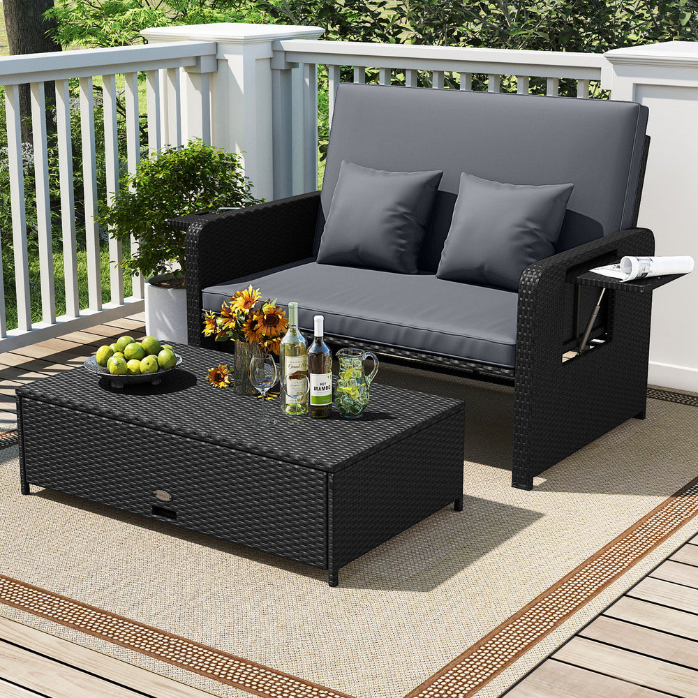PE Wicker Outdoor Daybed with 4-Level Adjustable Backrest and Storage Ottoman-Gray - Gallery View 1 of 13