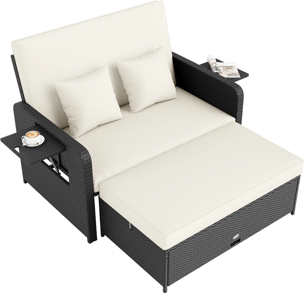 PE wicker outdoor daybed with adjustable backrest, storage ottoman, and cushioned seating for patio relaxation.