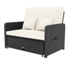 PE wicker outdoor daybed with adjustable backrest, storage ottoman, and cushions, perfect for patio relaxation.