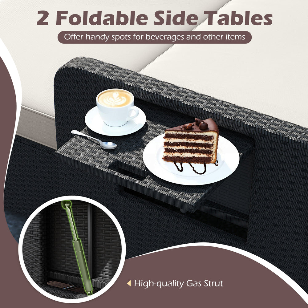 Foldable side tables on the PE wicker outdoor daybed provide convenient spots for drinks and snacks, enhancing outdoor.