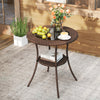 Round PE wicker patio bistro table with tempered glass top and shelf, perfect for outdoor use on balconies or gardens.