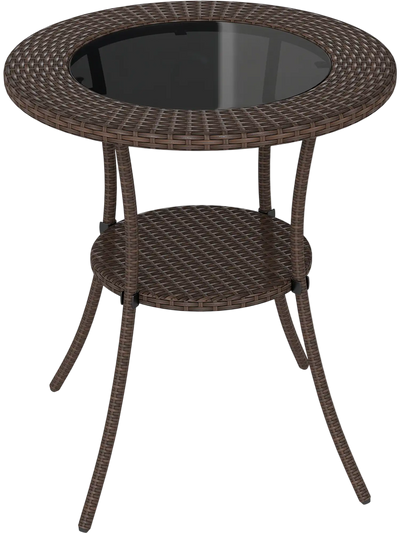 Costway Round PE Wicker Patio Bistro Dining Table w/ Tempered Glass Top Shelf 61823074 New