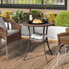Round PE wicker patio bistro table with tempered glass top and shelf, perfect for outdoor dining and relaxation.