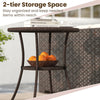 Round PE wicker patio bistro table with tempered glass top and 2-tier storage, perfect for outdoor organization.