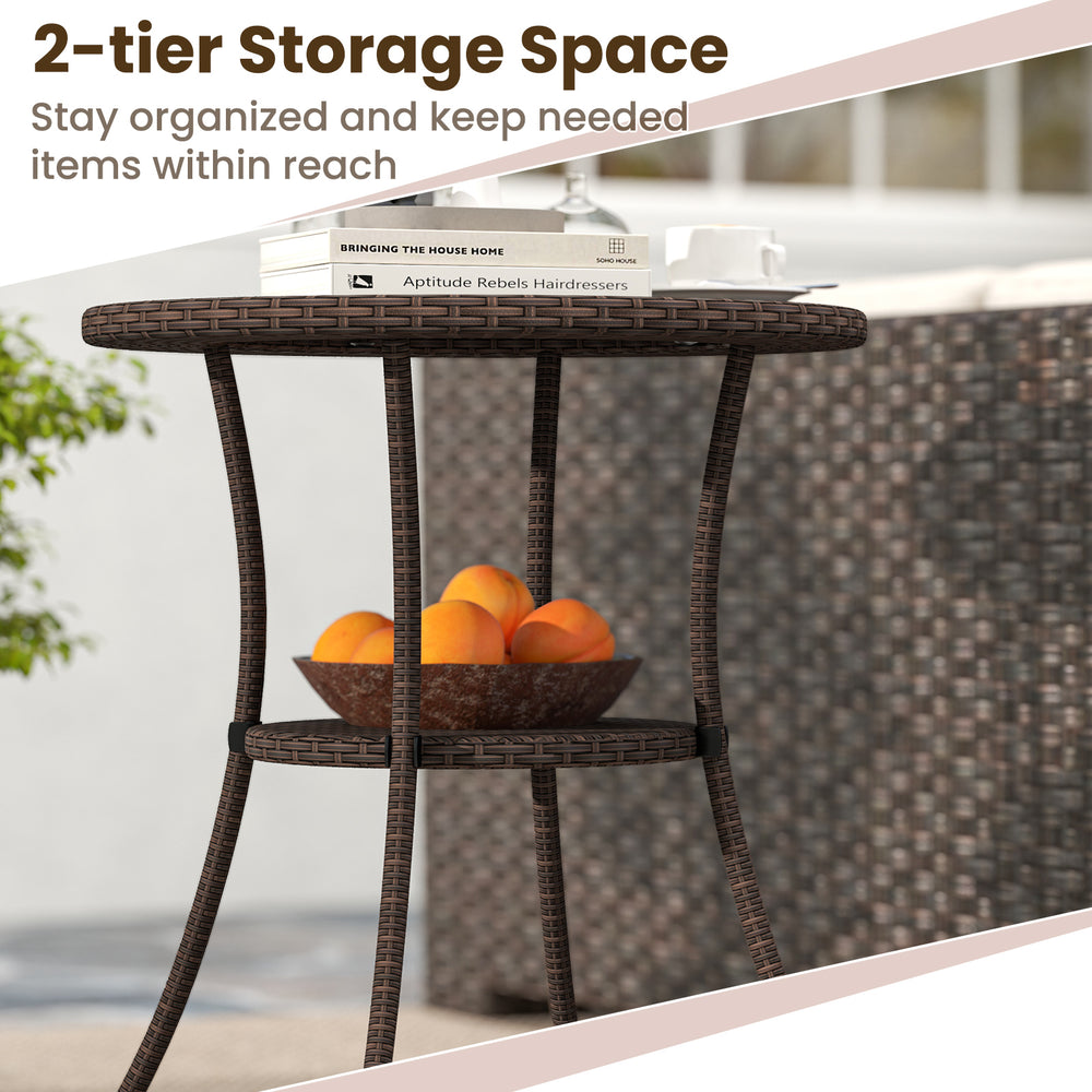 Round PE wicker patio bistro table with tempered glass top and 2-tier storage, perfect for outdoor organization.