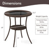 Round PE wicker patio bistro table with tempered glass top, 2-tier storage shelf, and sturdy metal frame for outdoor.