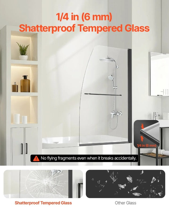 Vevor Bathtub Shower Door 34" x 55" Frameless 180° Rotatable Tempered Glass New