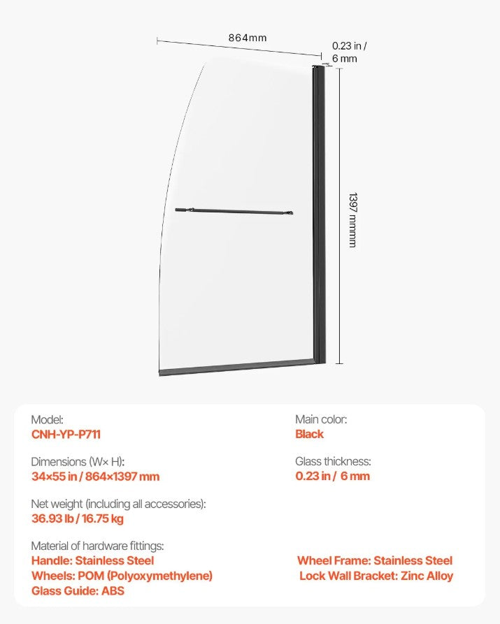 Vevor Bathtub Shower Door 34" x 55" Frameless 180° Rotatable Tempered Glass New