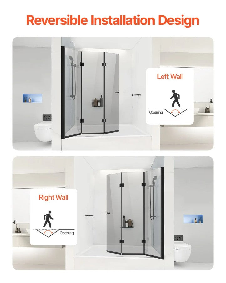 Vevor Frameless Foldable Bathtub Shower Door 51"x56" Tri-Fold 0.23" Tempered Glass New