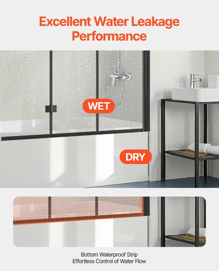 Vevor Frameless Foldable Bathtub Shower Door 51"x56" Tri-Fold 0.23" Tempered Glass New