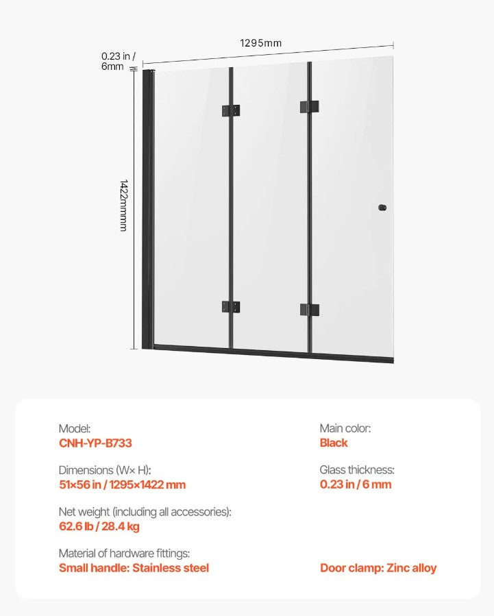 Vevor Frameless Foldable Bathtub Shower Door 51"x56" Tri-Fold 0.23" Tempered Glass New