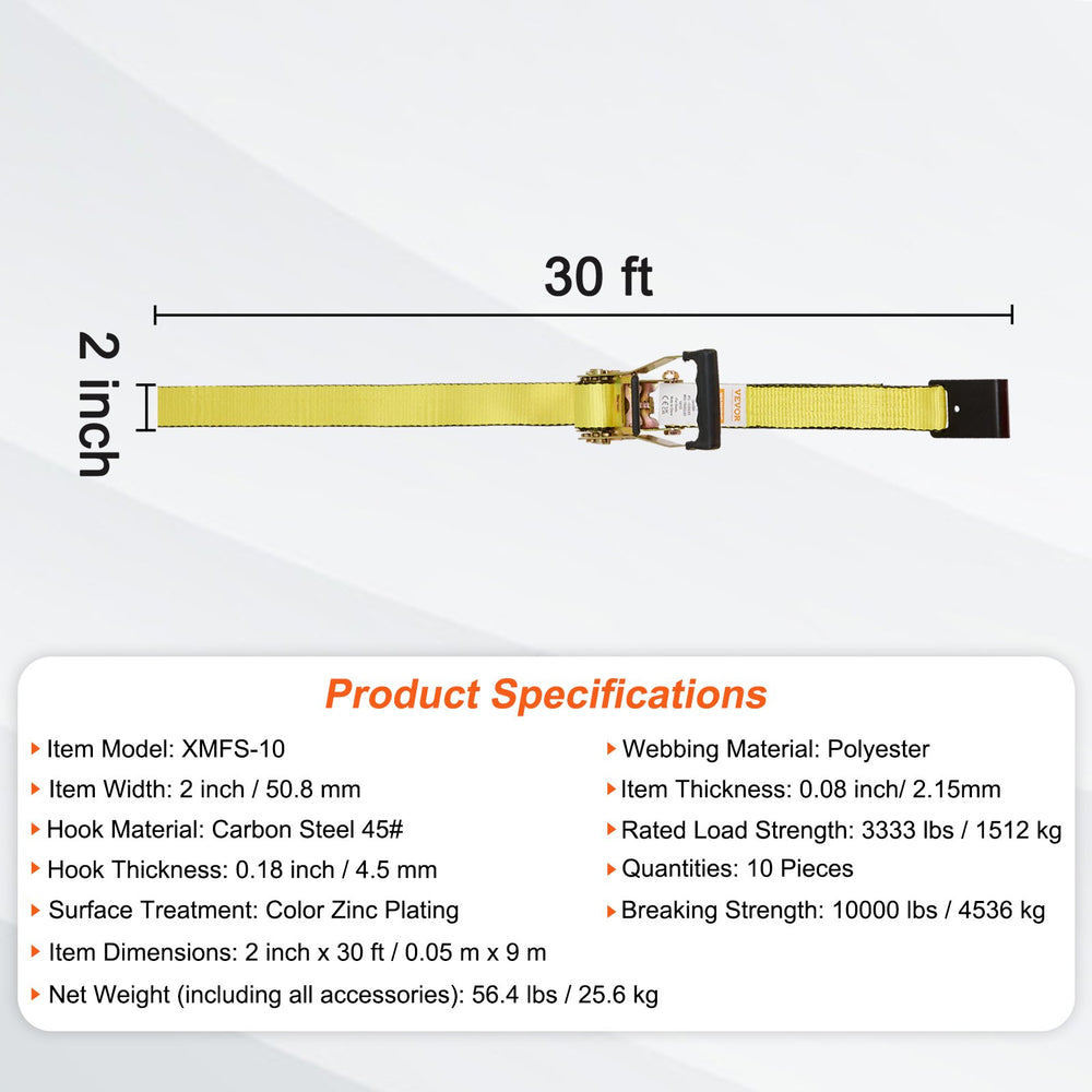 Vevor Ratchet Tie Down Straps 10,000 Lbs Break Strength 2" x 30' Cargo Securing Flat Hook 10-Pack New