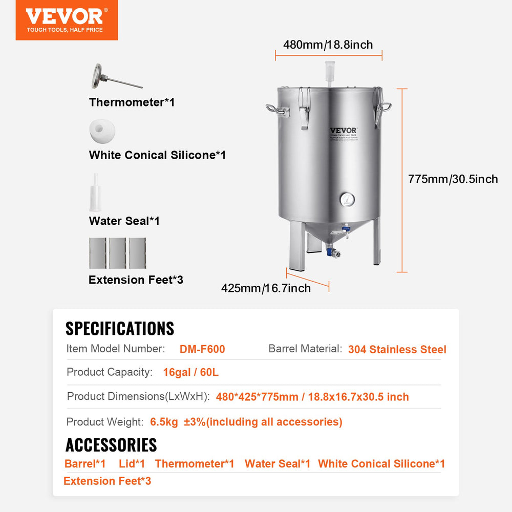 Vevor Brewing System Stainless Steel 16 Gal Beer Fermenter Kettle with Supplies and Thermometer New