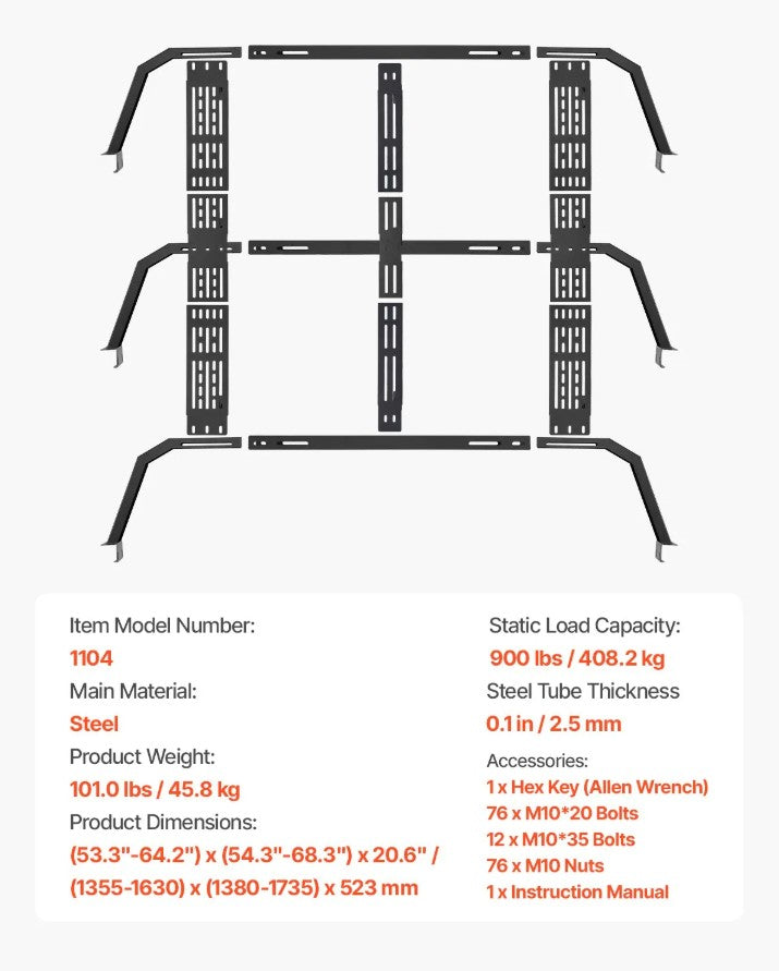 Vevor Overland Truck Bed Rack 900 Lb Capacity Adjustable Fit for Full and Mid-Size Trucks New