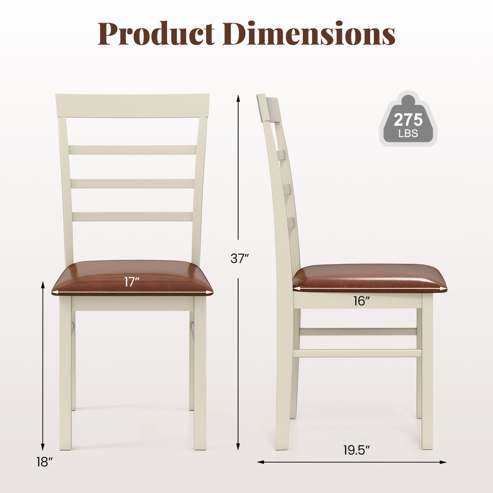 Dimensions of white PU leather upholstered dining chair, featuring a sturdy rubber wood frame and comfortable seat.