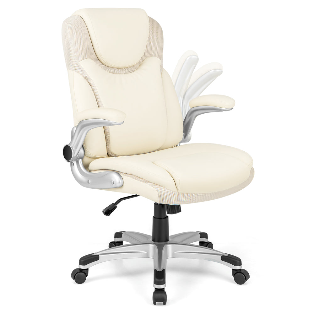 Ergonomic white office chair featuring a supportive s-curved back, height adjustable seat, and smooth-rolling PU.