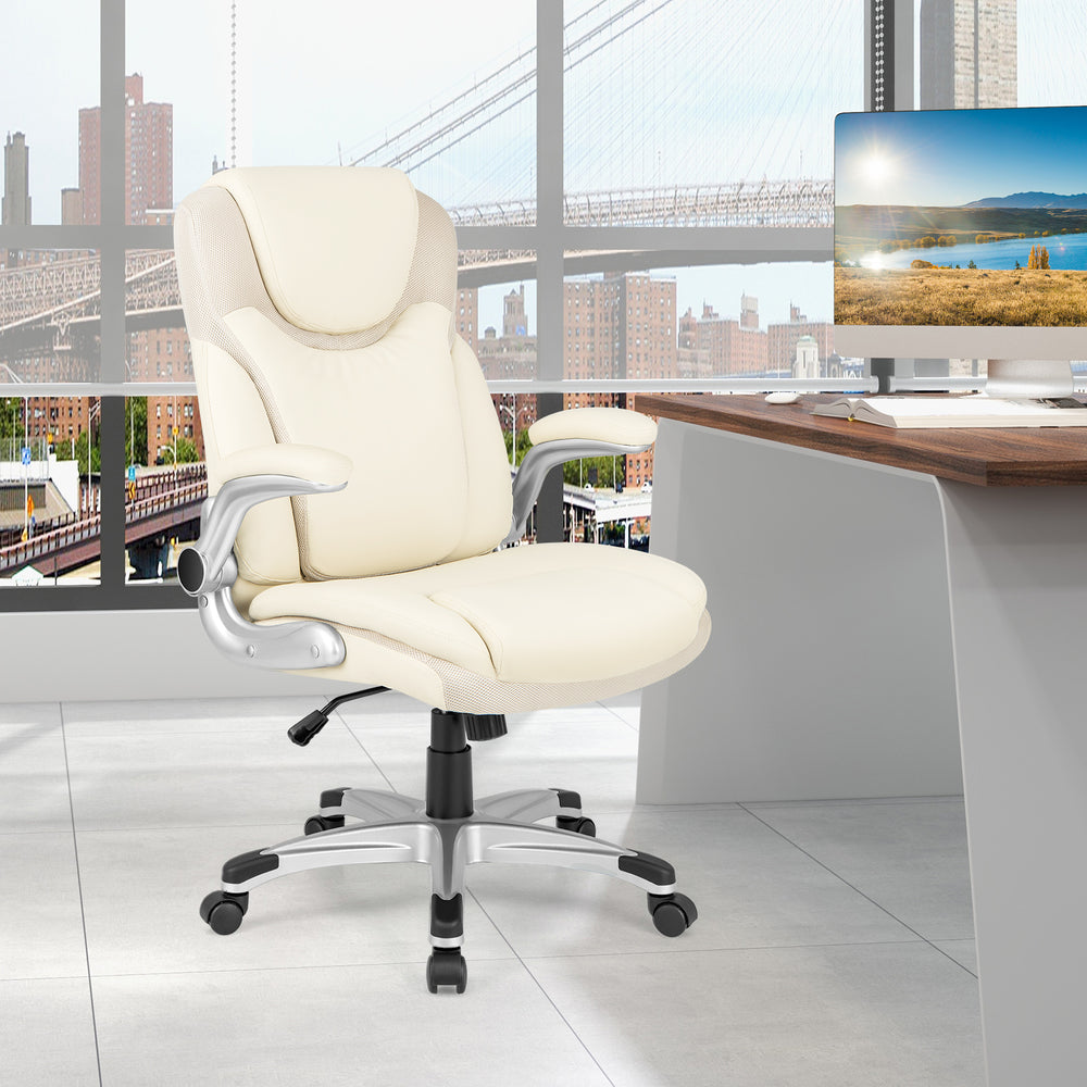 Ergonomic white PU leather executive chair with flip-up armrests and rocking function, ideal for office use.