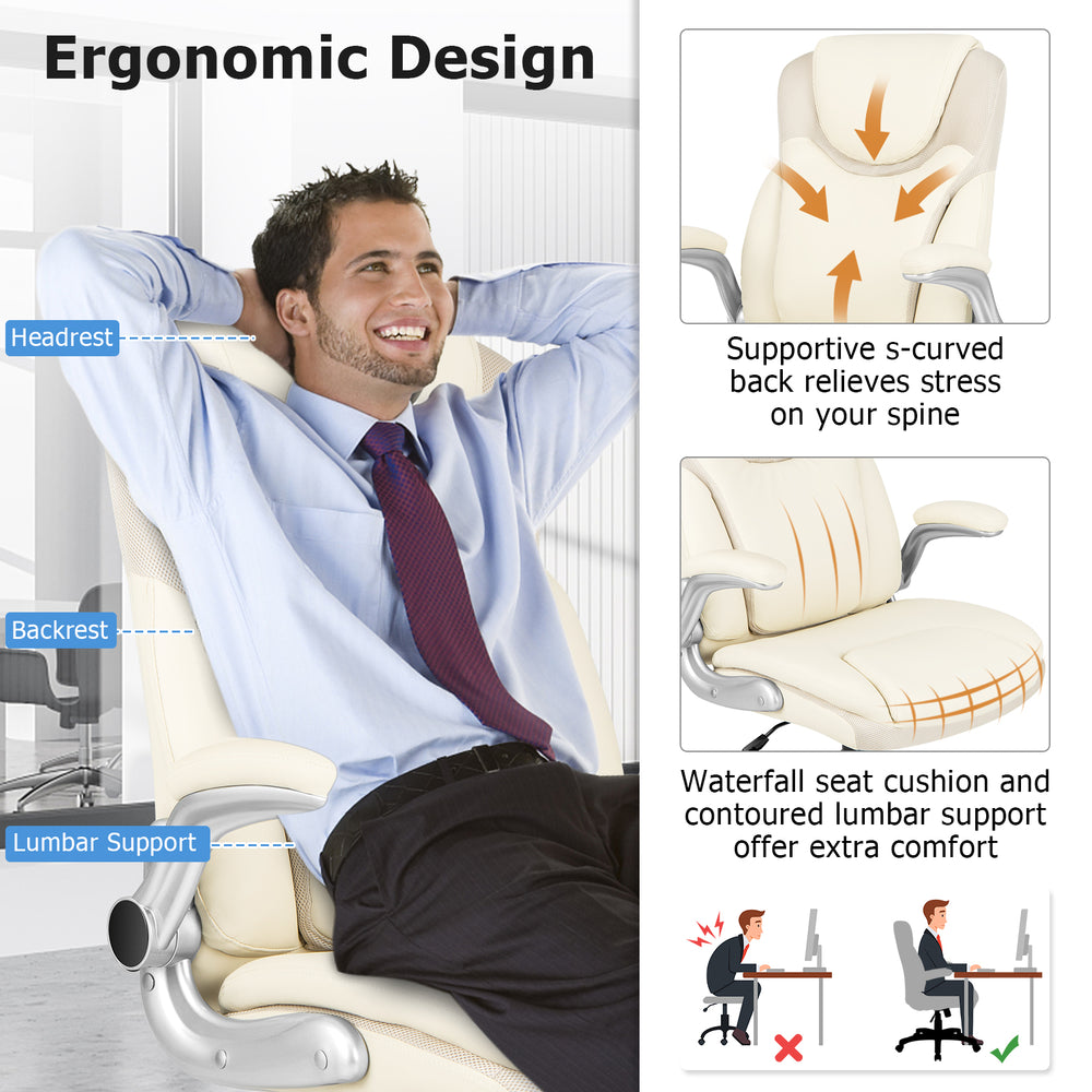 Ergonomic white PU leather executive chair with waterfall seat cushion and lumbar support for ultimate comfort.