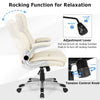 Ergonomic white PU leather office chair with flip-up armrests and rocking function for relaxation and comfort.