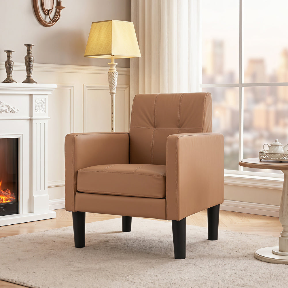 Brown PU leather modern accent chair with removable seat cushion, ergonomic design, perfect for living rooms or home offices.