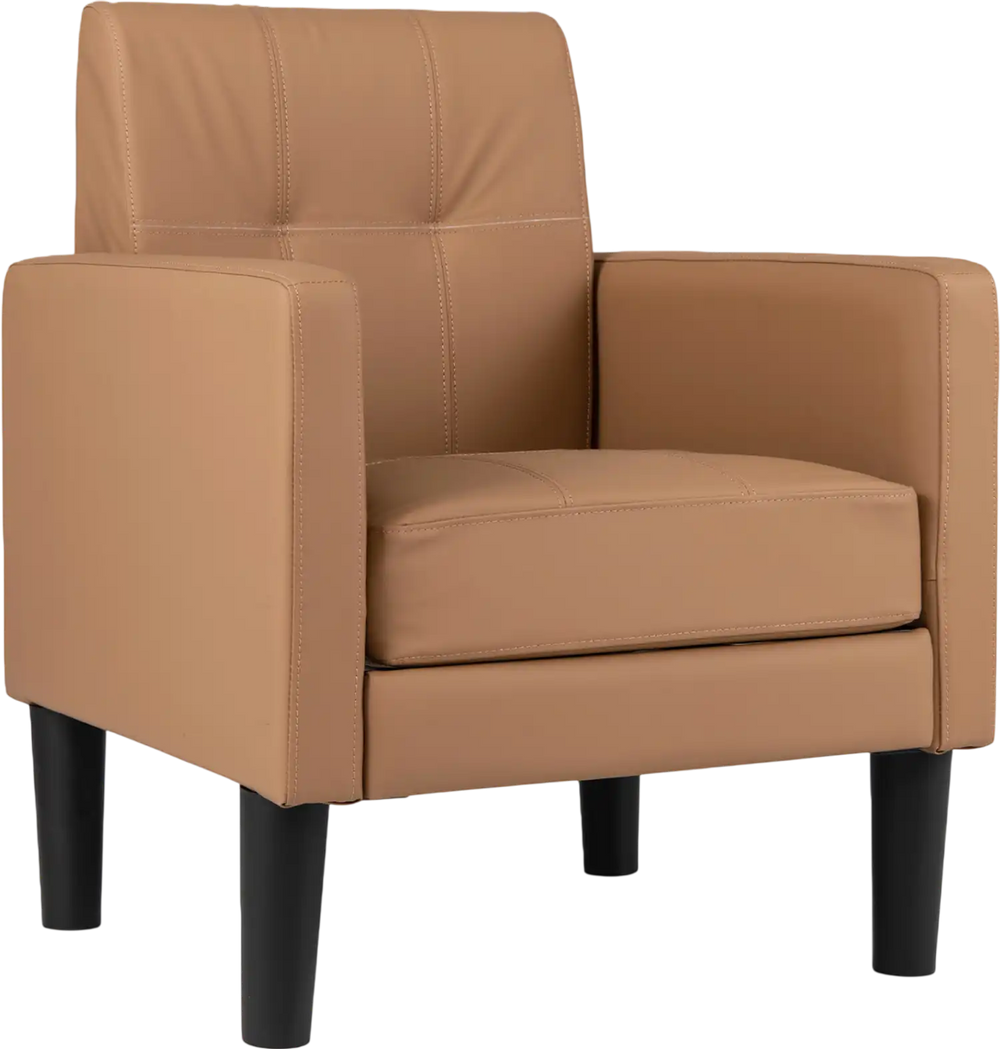Brown PU leather modern accent chair with removable seat cushion, featuring ergonomic backrest and sturdy plywood frame.