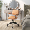 Orange PU leather office chair with ergonomic armrests and rocking backrest, ideal for home or office use.