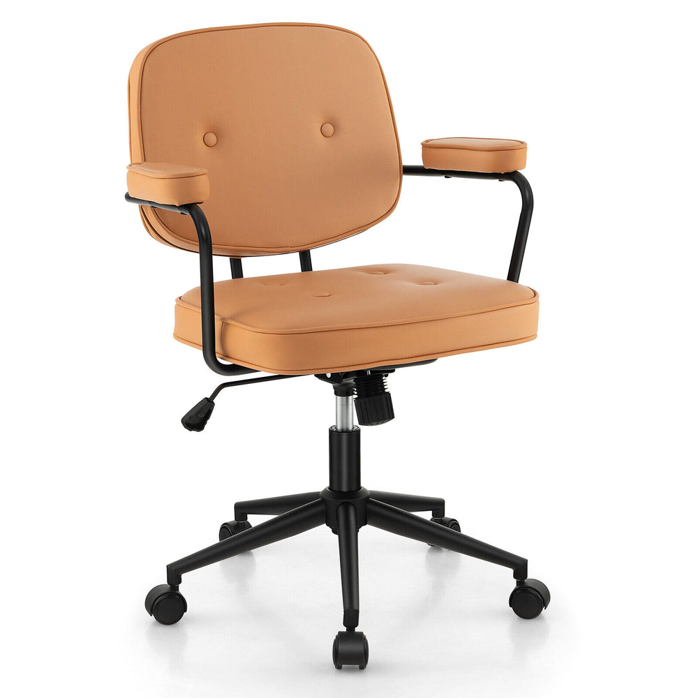 Orange PU leather office chair with adjustable rocking backrest and ergonomic armrests, ideal for home or office use.