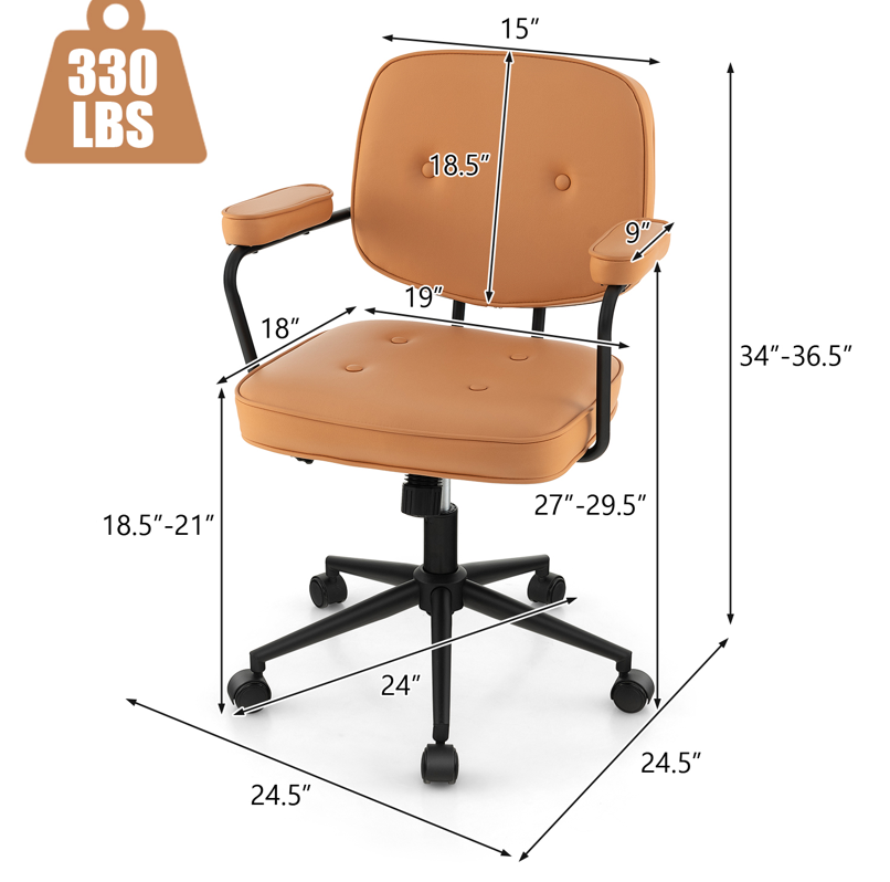 PU leather office chair in orange with adjustable height, rocking backrest, and ergonomic armrests for versatile use.