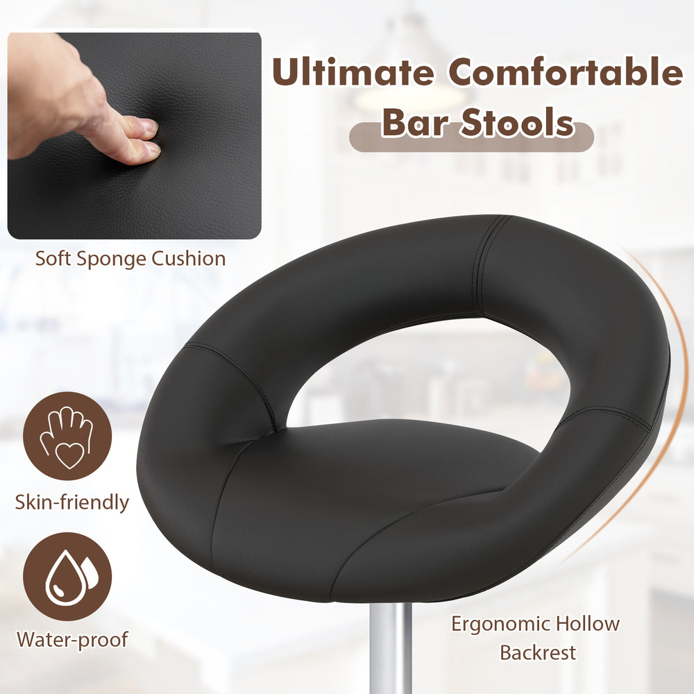 Black bar stool with ergonomic hollow back and soft sponge cushion, adjustable height for personalized comfort.