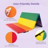 Colorful PU leather tri-folding gymnastics tumbling mat with waterproof surface and strong stitching for easy cleaning.