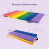 Colorful PU leather tri-folding gymnastics tumbling mat with dimensions 71" x 47" x 1.6", ideal for kids and adults.