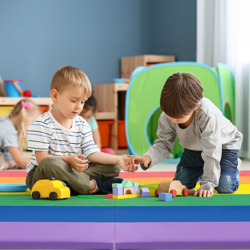 Colorful PU leather tri-folding gymnastics mat with kids playing, ideal for yoga and tumbling, featuring reinforced.