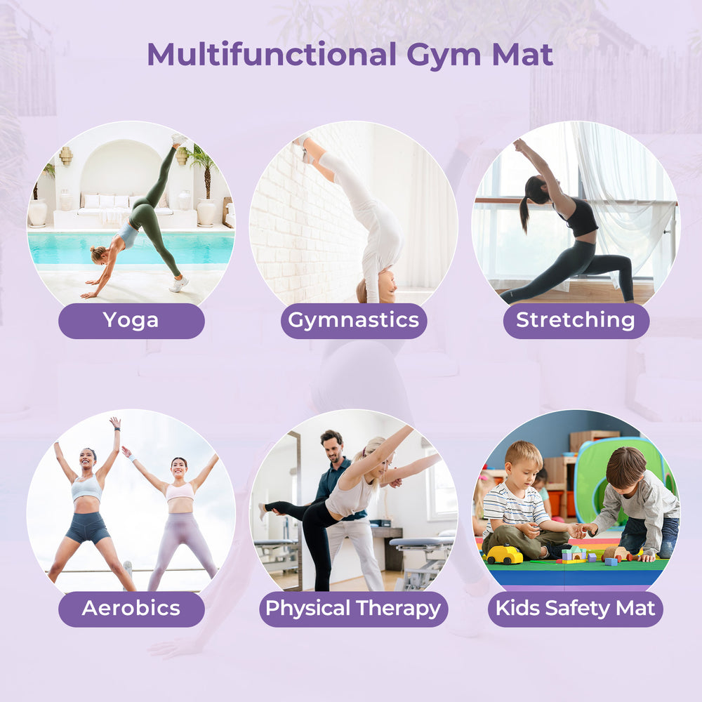 Tri-folding PU leather gymnastics mat with handles, ideal for yoga, stretching, and kids' safety during workouts.