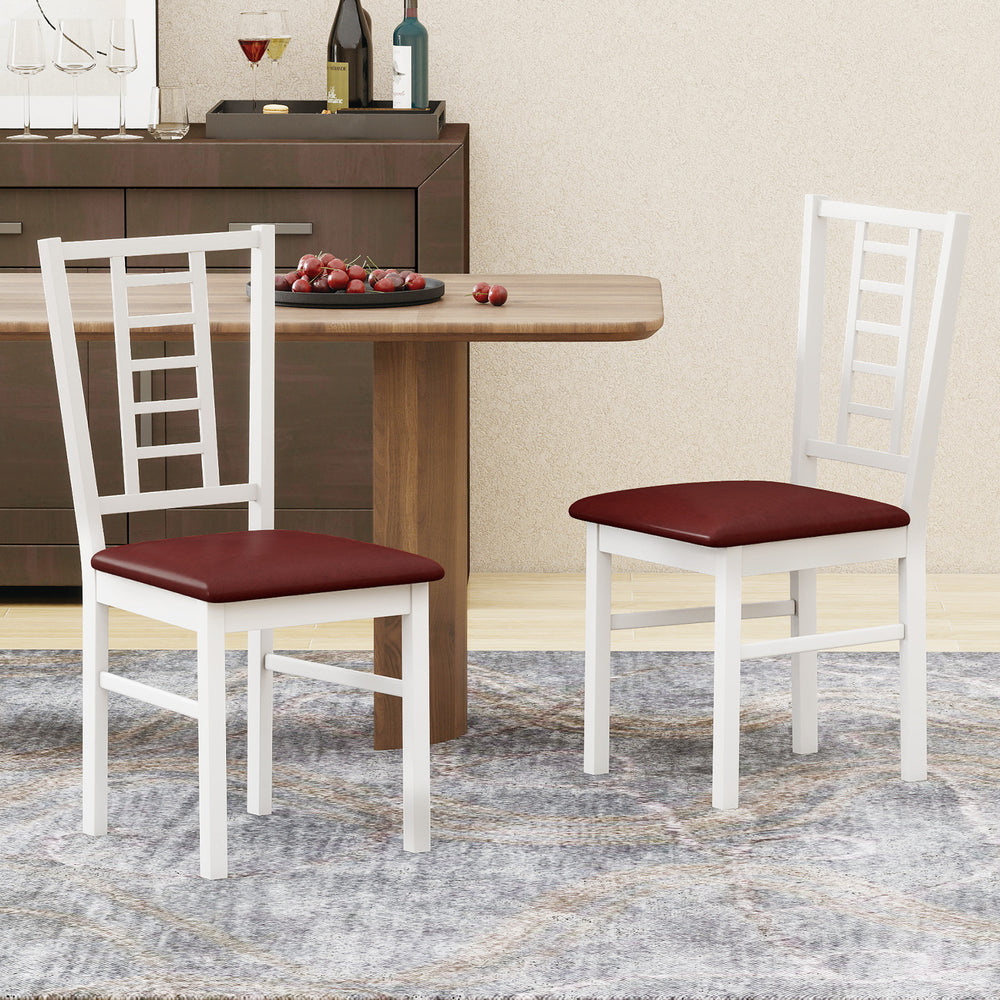 White PU leather upholstered dining chairs set of 2 with high backrest and wide seat for kitchen or dining room use.