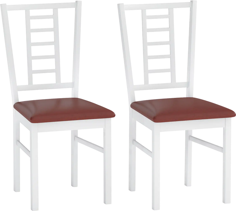 Set of 2 white wood dining chairs with PU leather seats, featuring high backrests and breathable slats for comfort.