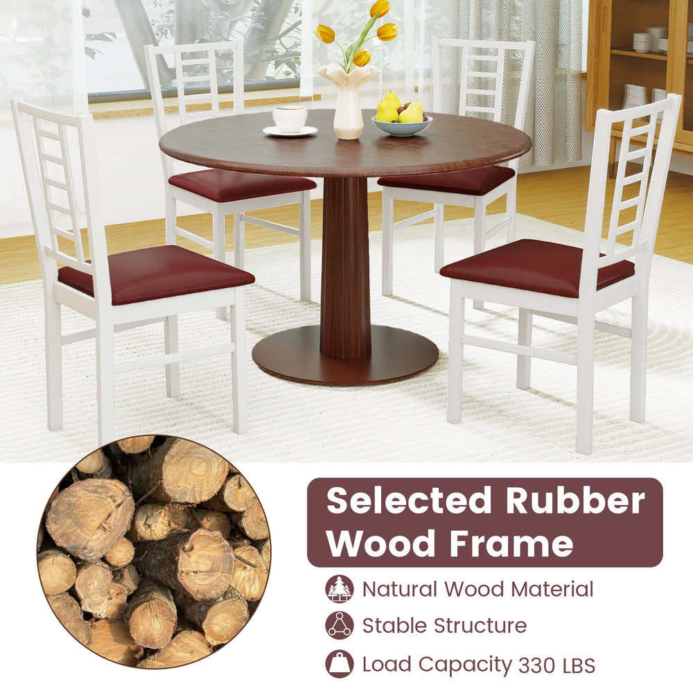 White PU leather upholstered dining chairs set of 2 with high backrest and solid rubber wood frame for kitchen or.