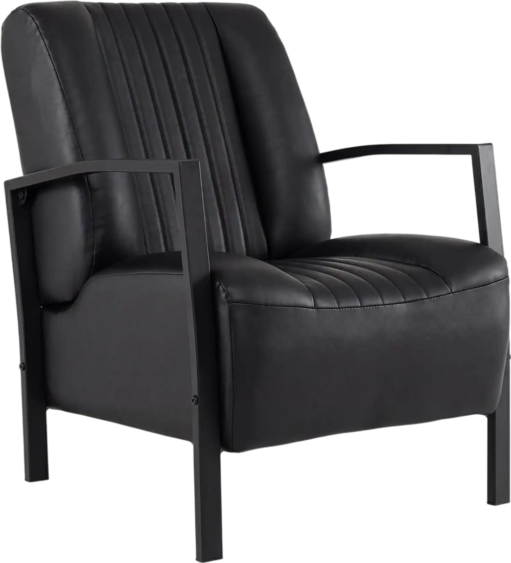 Black PU leather upholstered armchair featuring a sleek design and metal legs, perfect for stylish relaxation in any room.