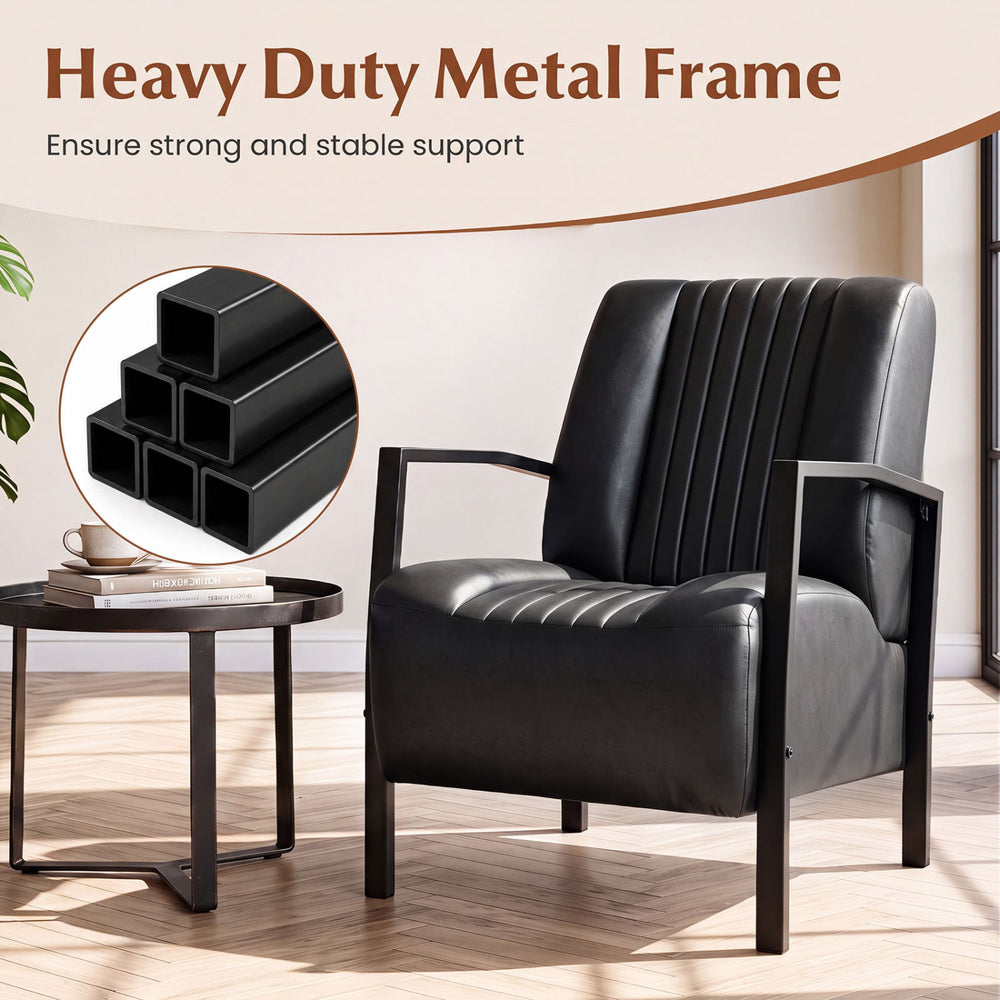 Black PU leather upholstered armchair with heavy-duty metal frame, offering ergonomic support for comfortable lounging.