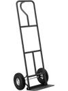 P-handle hand truck in black with foldable load plate, heavy-duty metal construction, ideal for warehouse and garage.