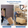 P-handle hand truck shown in use, featuring a foldable load plate for easy one-handed movement and storage.