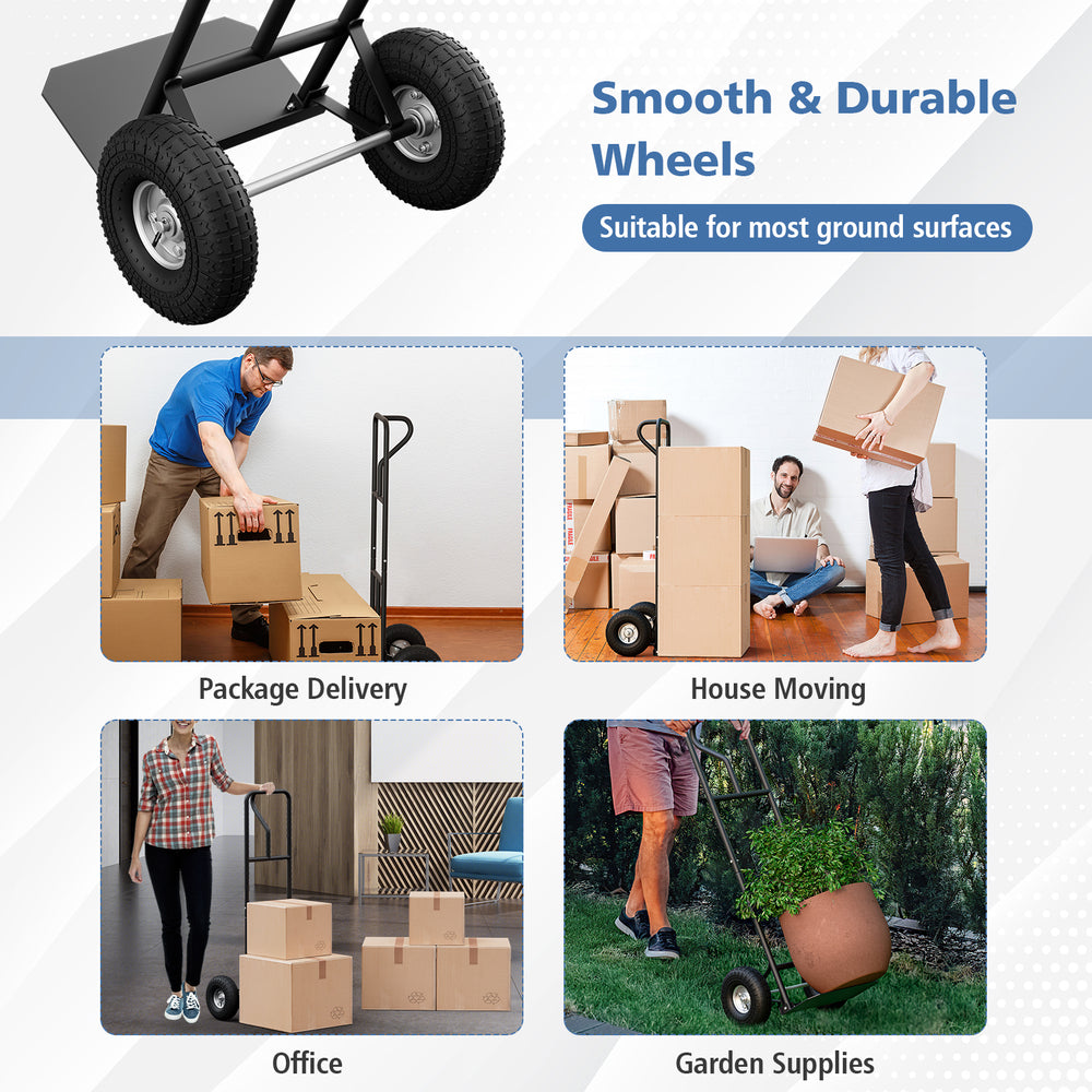 P-handle hand truck with foldable load plate, featuring smooth wheels for easy maneuvering in warehouses and garages.