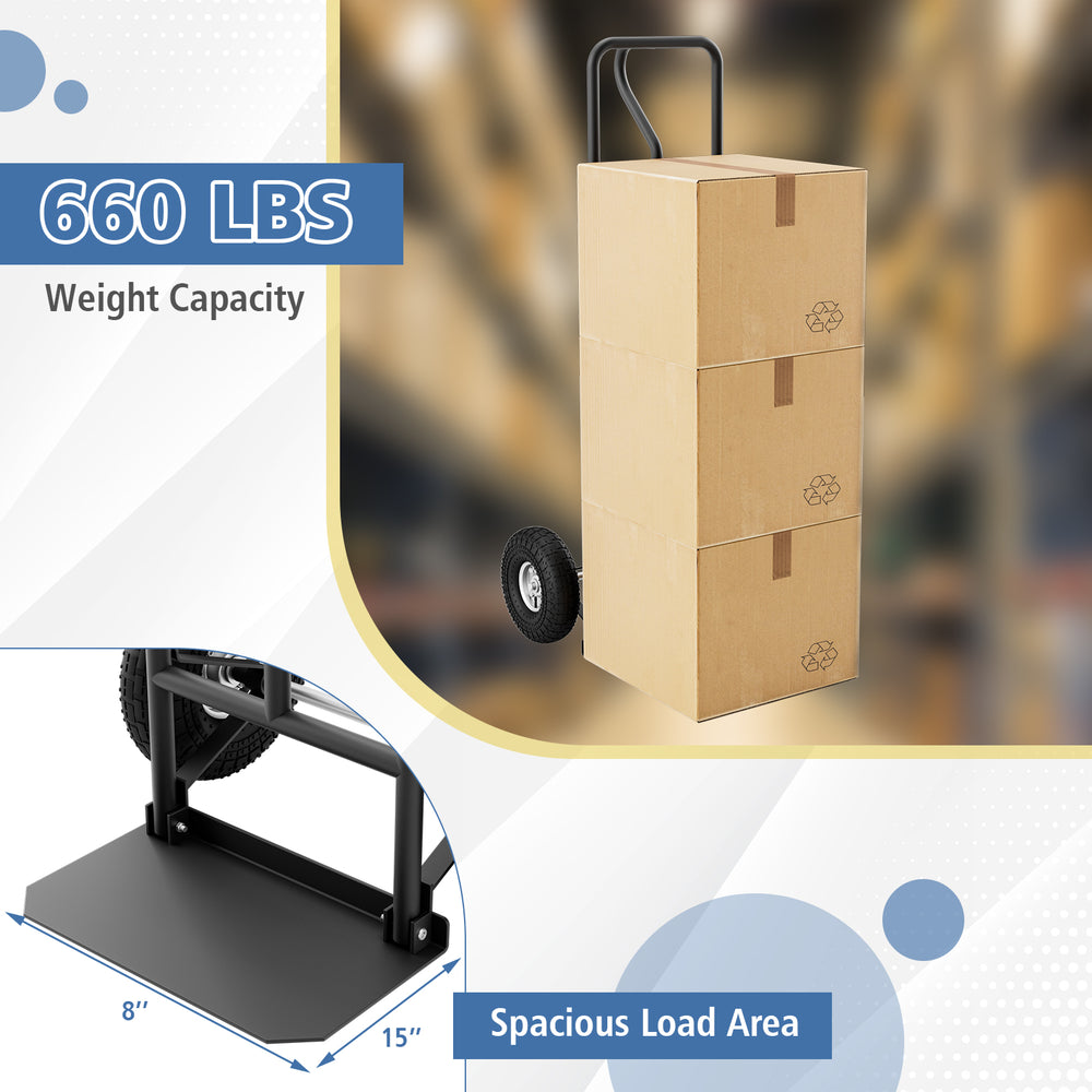 P-handle hand truck with foldable load plate, 660 lbs capacity, designed for easy maneuvering in warehouses and garages.